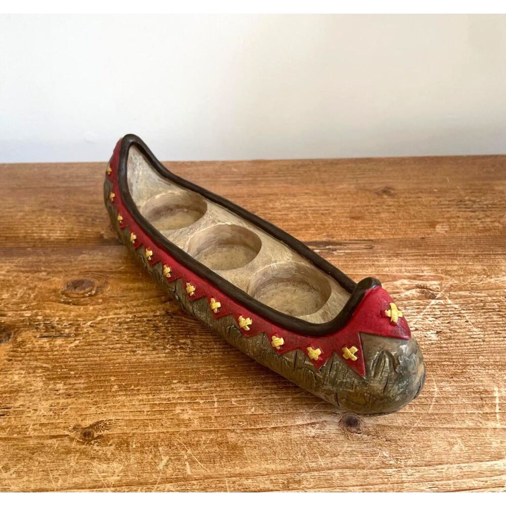 Rustic Resin Canoe Triple Tea Light Candle Holder Faux Wood Cabin Lodge Decor